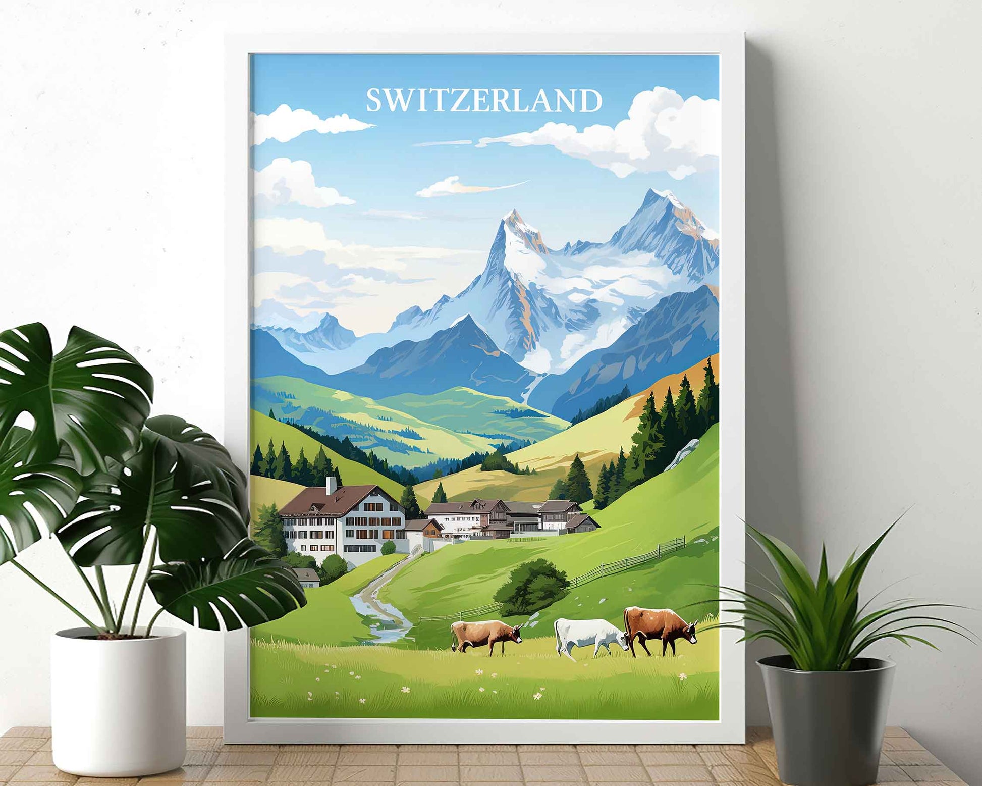 Framed Image of Swiss Alps Switzerland Illustration Travel Poster Prints Wall Art