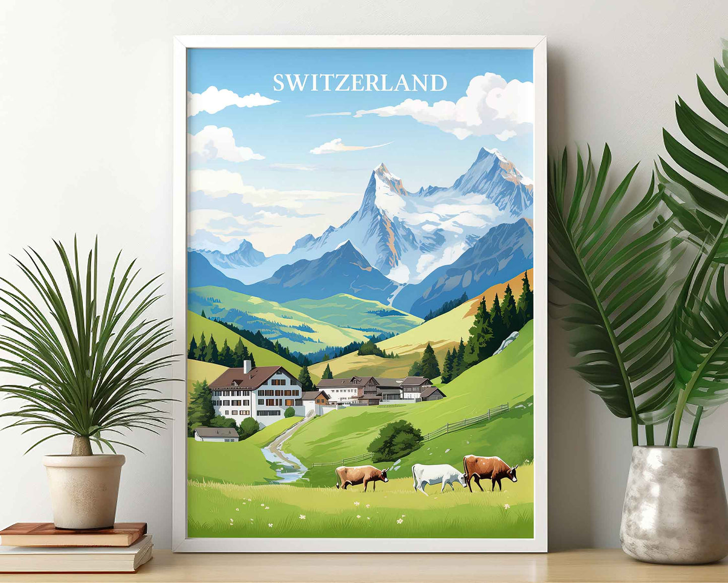 Framed Image of Swiss Alps Switzerland Illustration Travel Poster Prints Wall Art