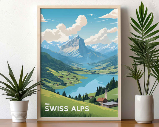 Framed Image of Swiss Alps Switzerland Travel Poster Wall Art Prints Illustration