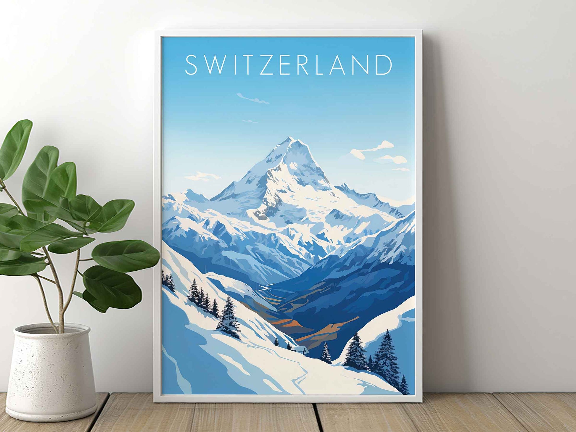 Framed Image of Swiss Alps Switzerland Travel Wall Art Poster Prints Illustration