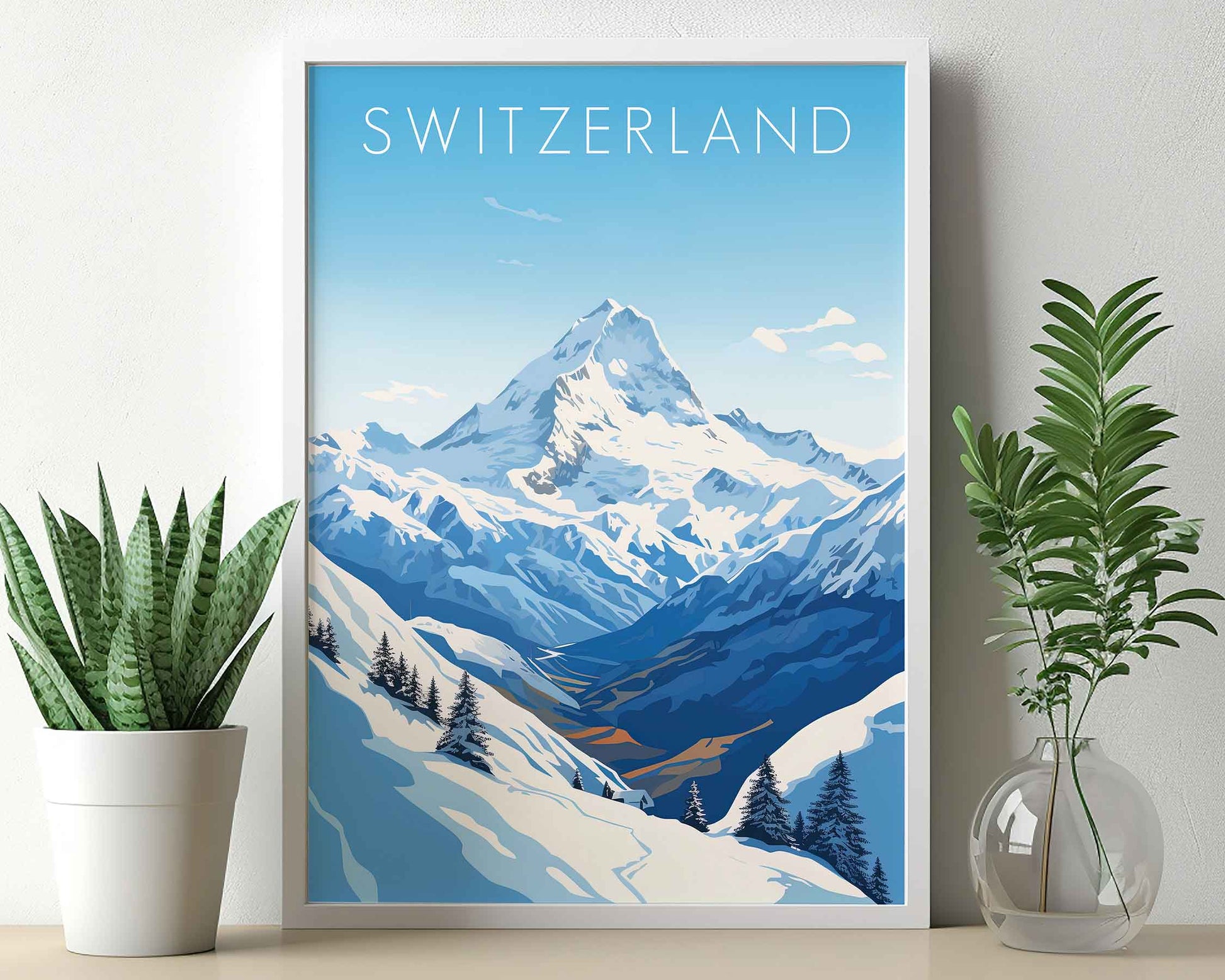 Framed Image of Swiss Alps Switzerland Travel Wall Art Poster Prints Illustration