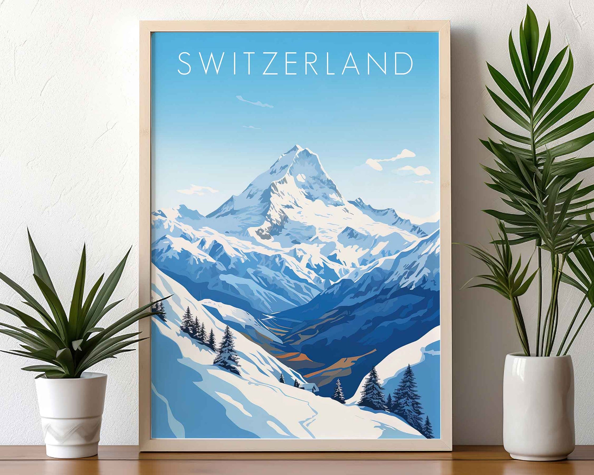 Framed Image of Swiss Alps Switzerland Travel Wall Art Poster Prints Illustration