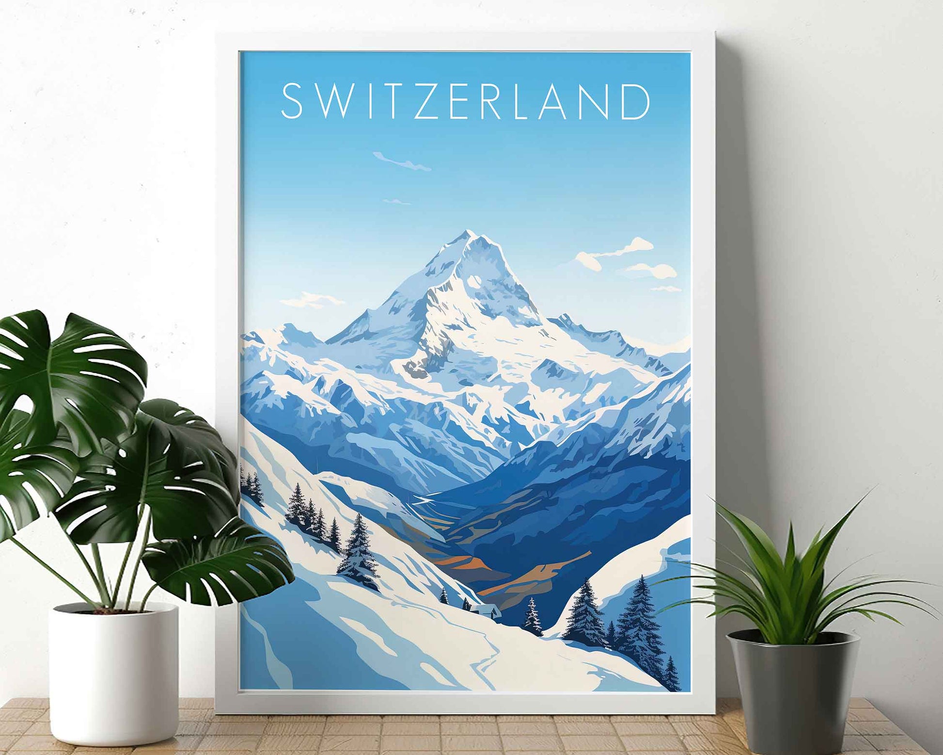 Framed Image of Swiss Alps Switzerland Travel Wall Art Poster Prints Illustration