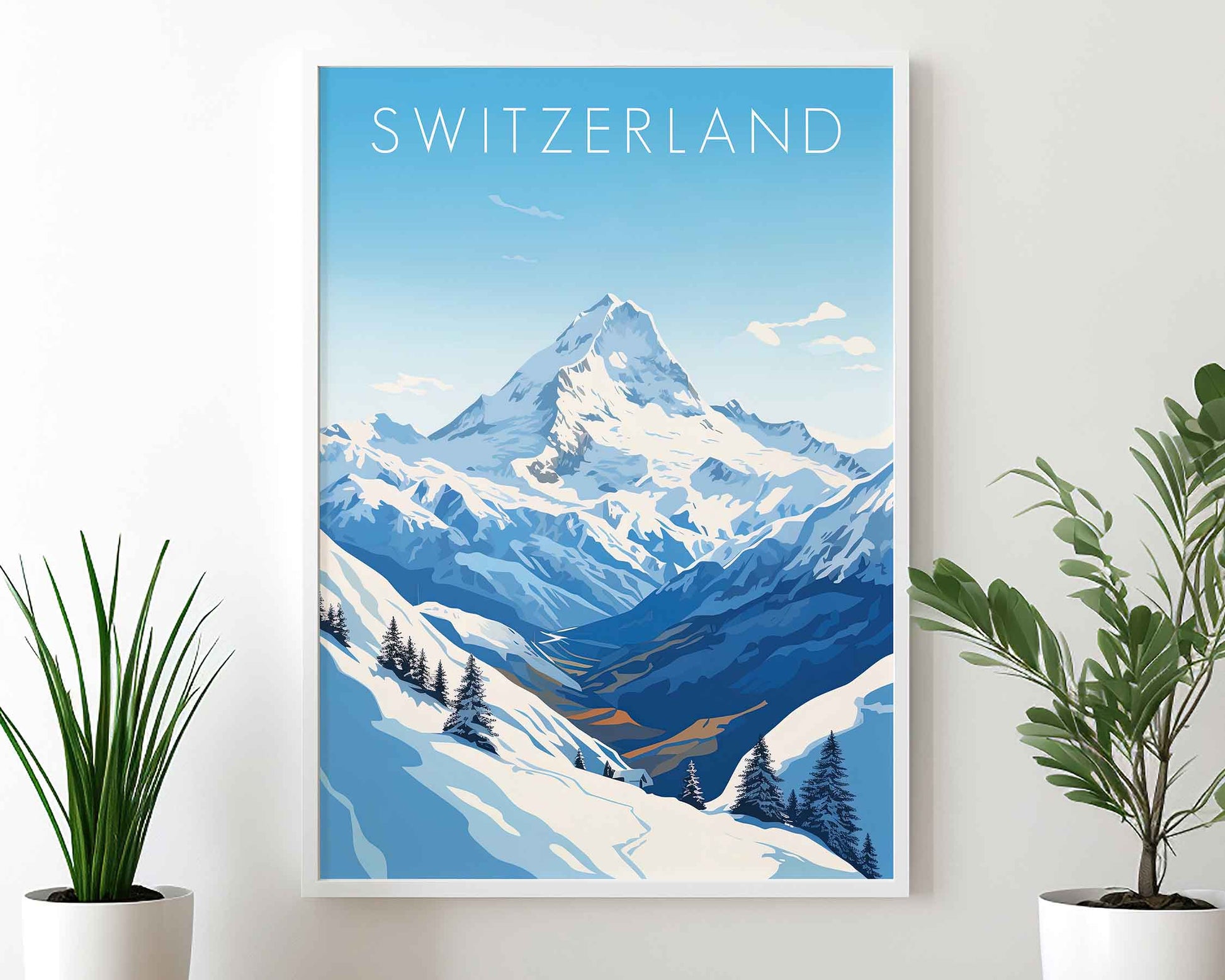 Framed Image of Swiss Alps Switzerland Travel Wall Art Poster Prints Illustration