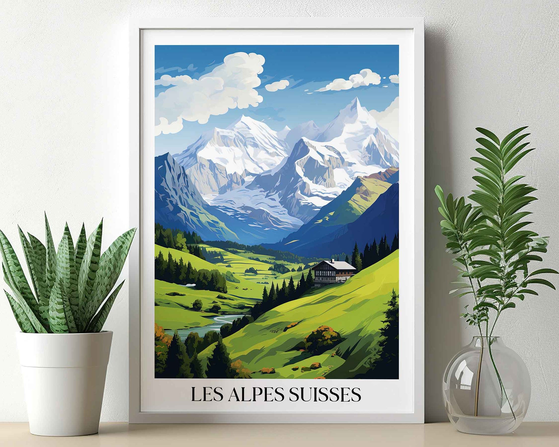 Framed Image of Swiss Alps Switzerland Wall Art Travel Poster Prints Illustration