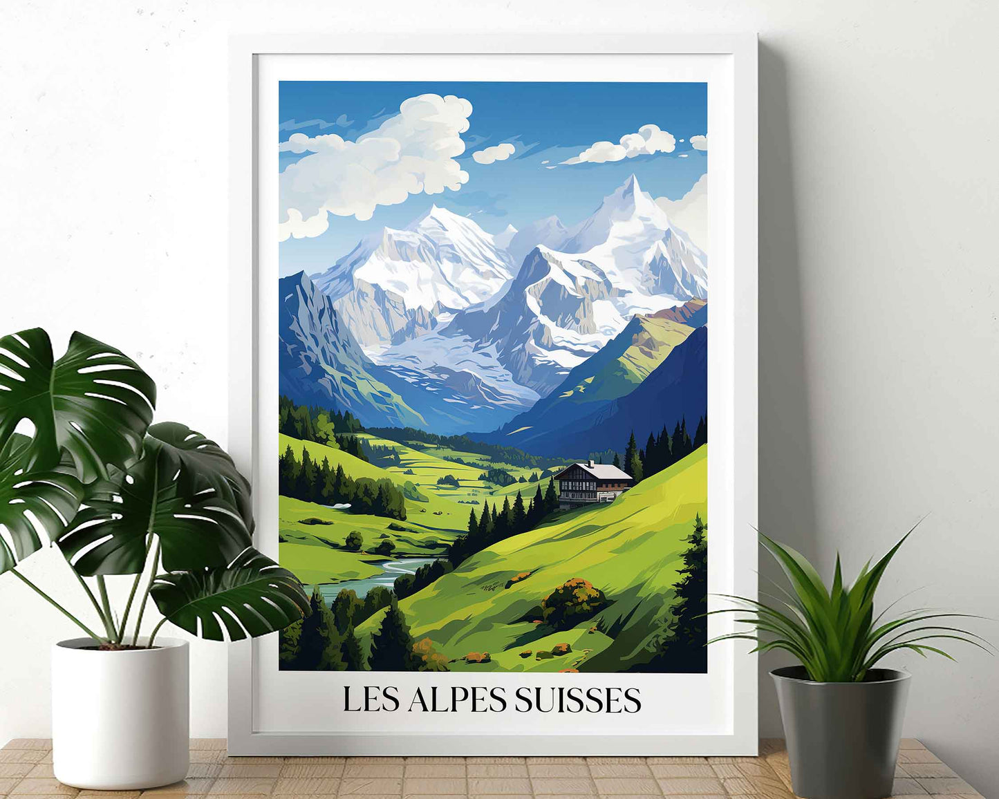 Framed Image of Swiss Alps Switzerland Wall Art Travel Poster Prints Illustration