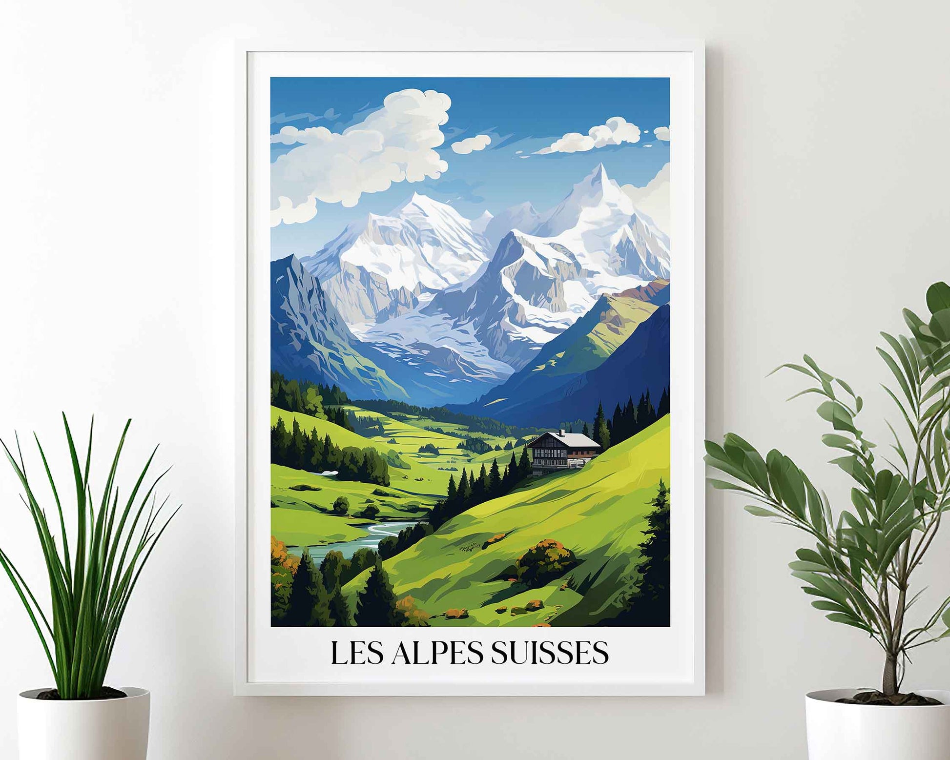Framed Image of Swiss Alps Switzerland Wall Art Travel Poster Prints Illustration