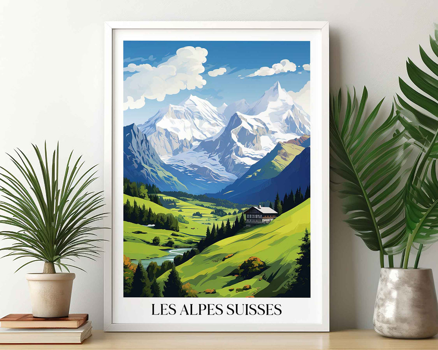 Framed Image of Swiss Alps Switzerland Wall Art Travel Poster Prints Illustration