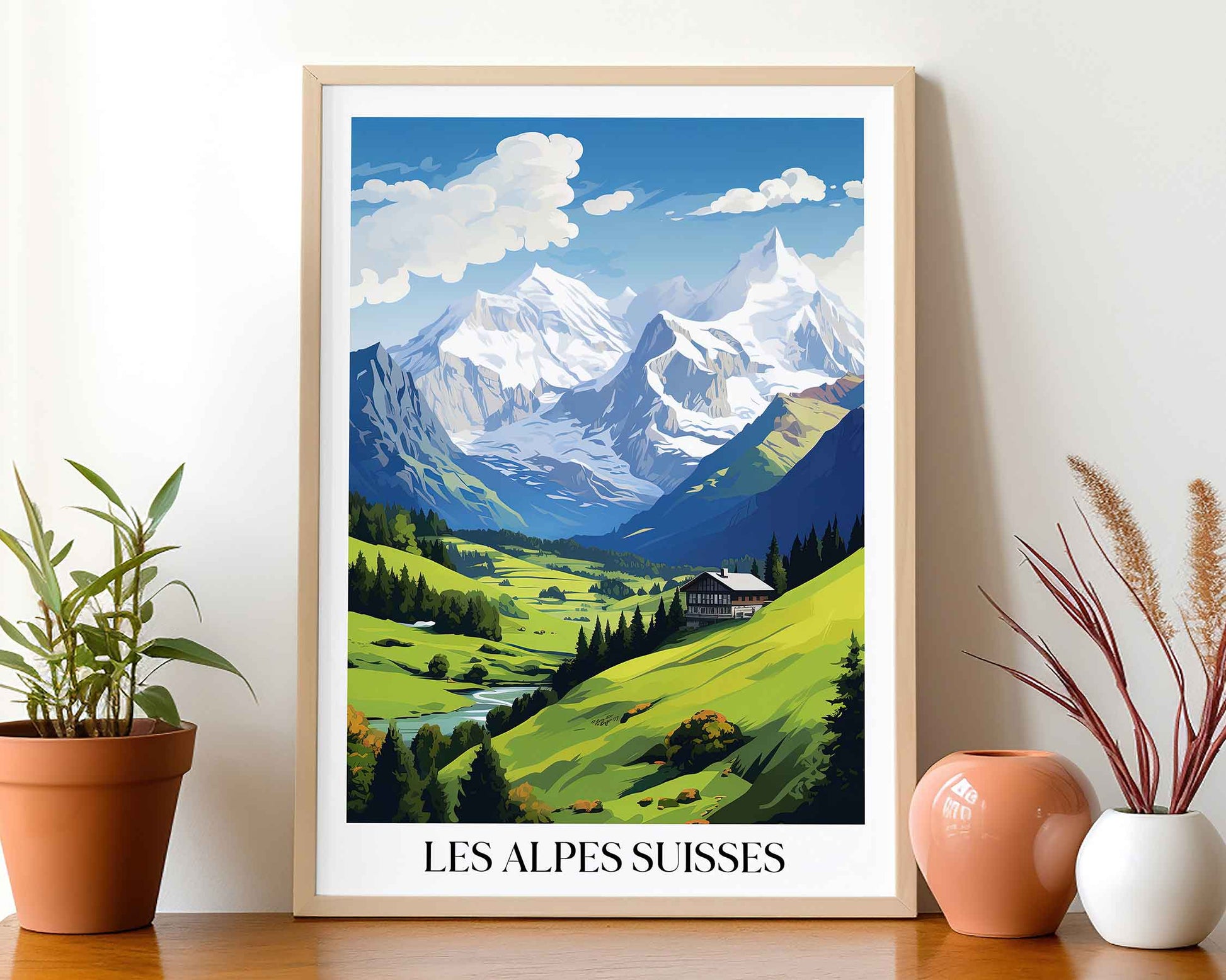 Framed Image of Swiss Alps Switzerland Wall Art Travel Poster Prints Illustration
