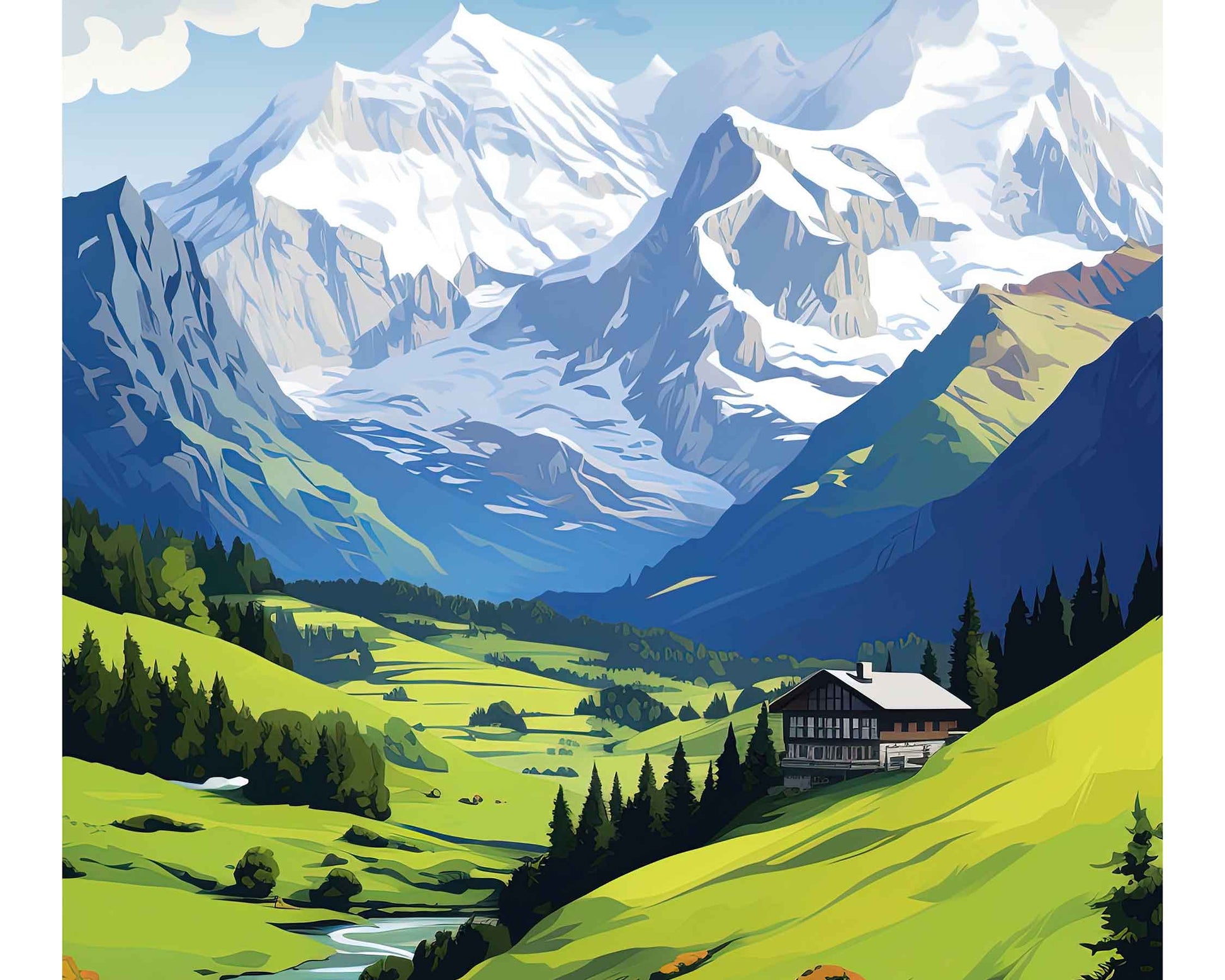 Framed Image of Swiss Alps Switzerland Wall Art Travel Poster Prints Illustration