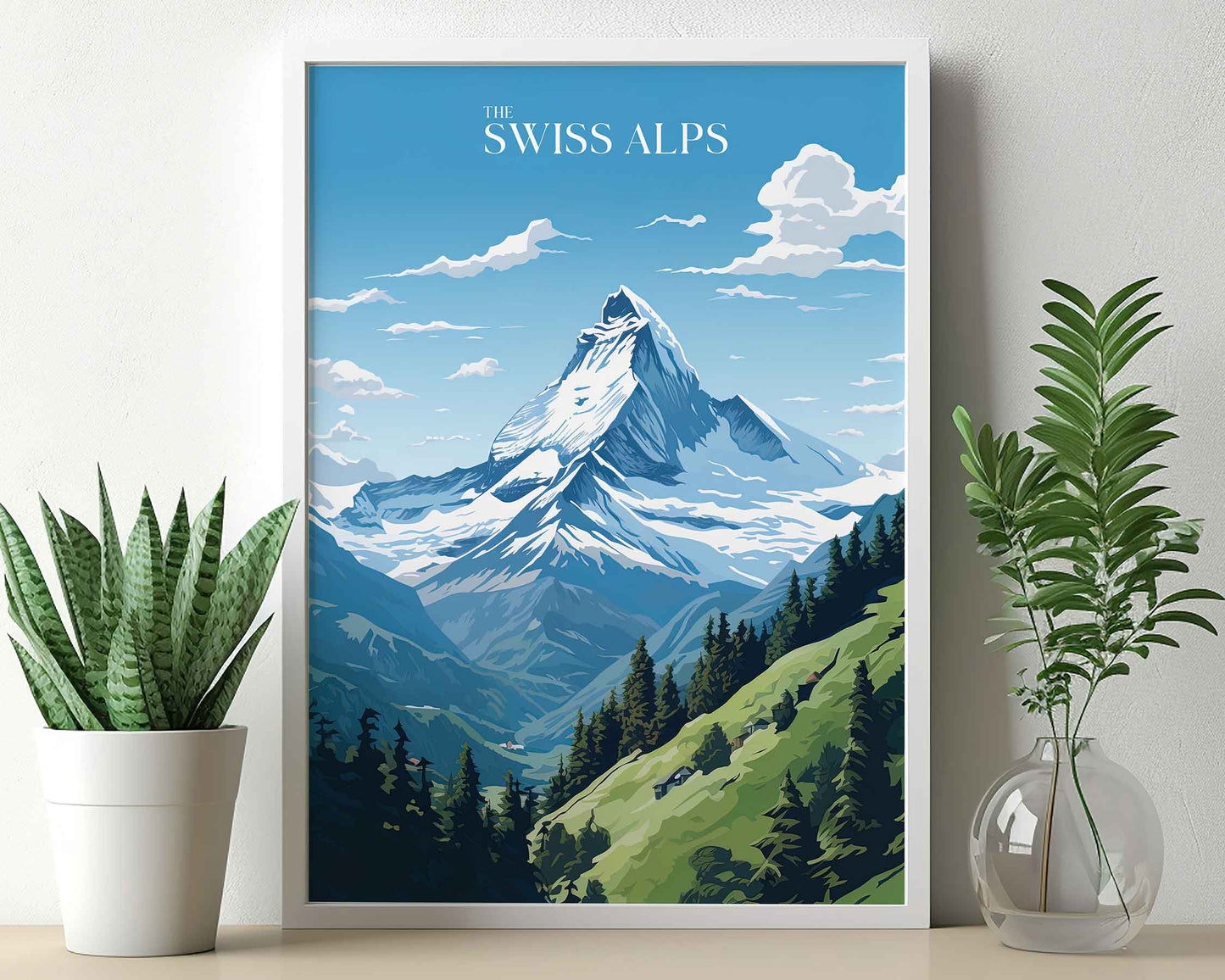 Framed Image of Swiss Alps Switzerland Wall Art Travel Print Posters Illustration