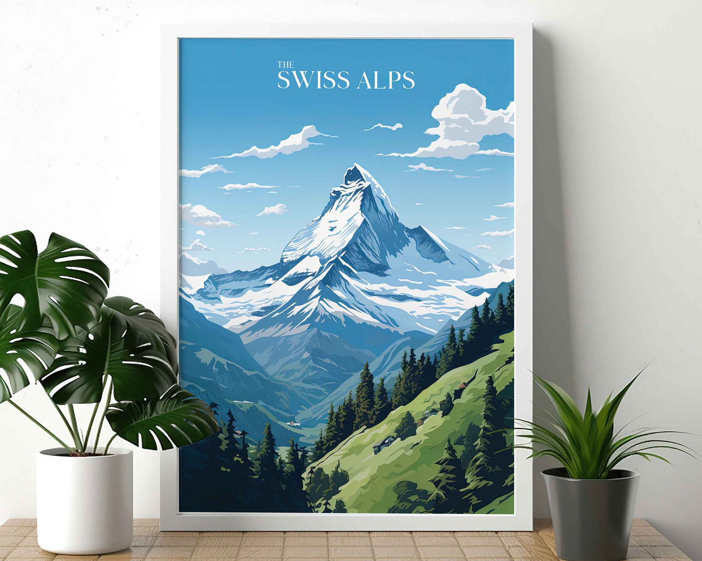 Framed Image of Swiss Alps Switzerland Wall Art Travel Print Posters Illustration