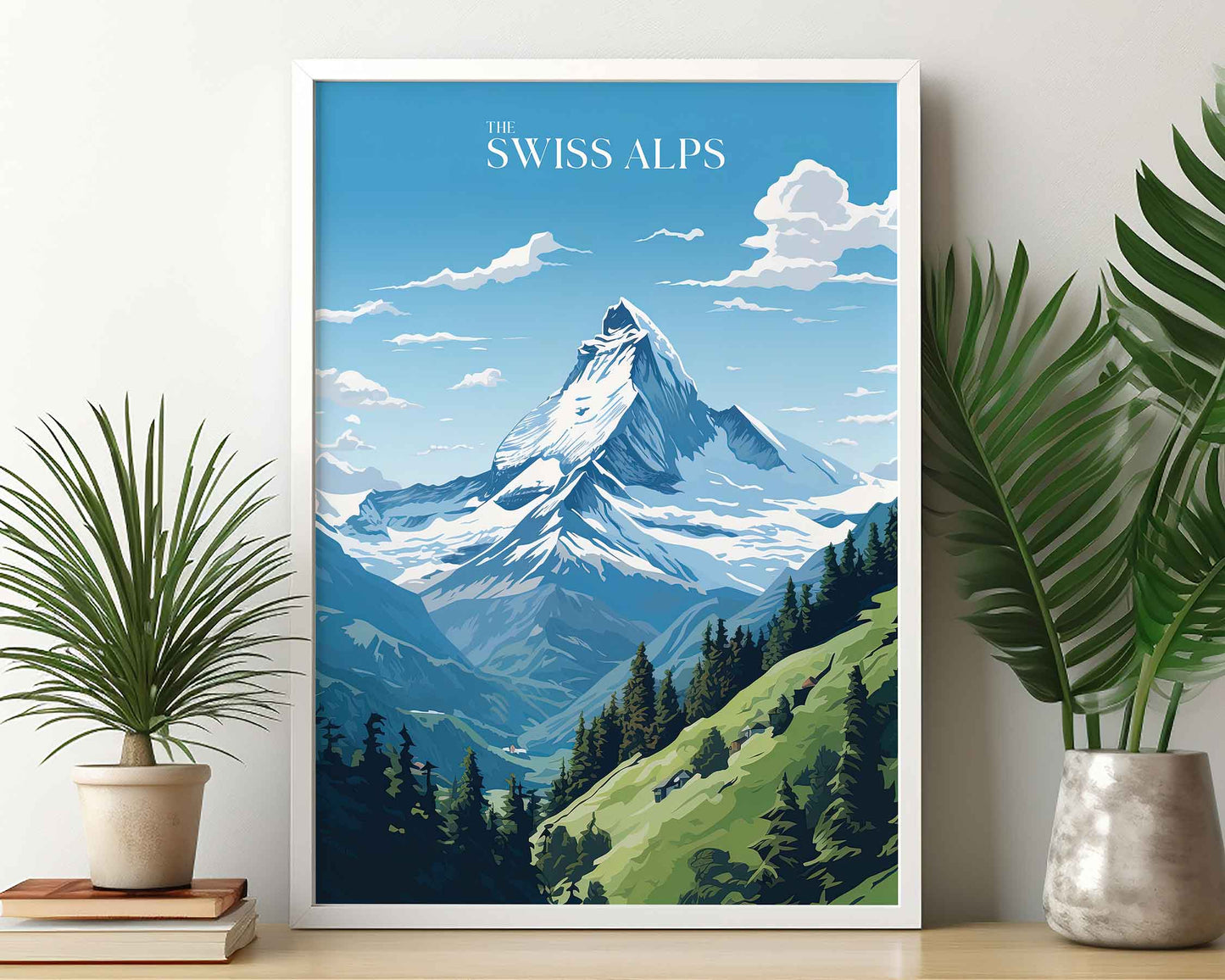 Framed Image of Swiss Alps Switzerland Wall Art Travel Print Posters Illustration