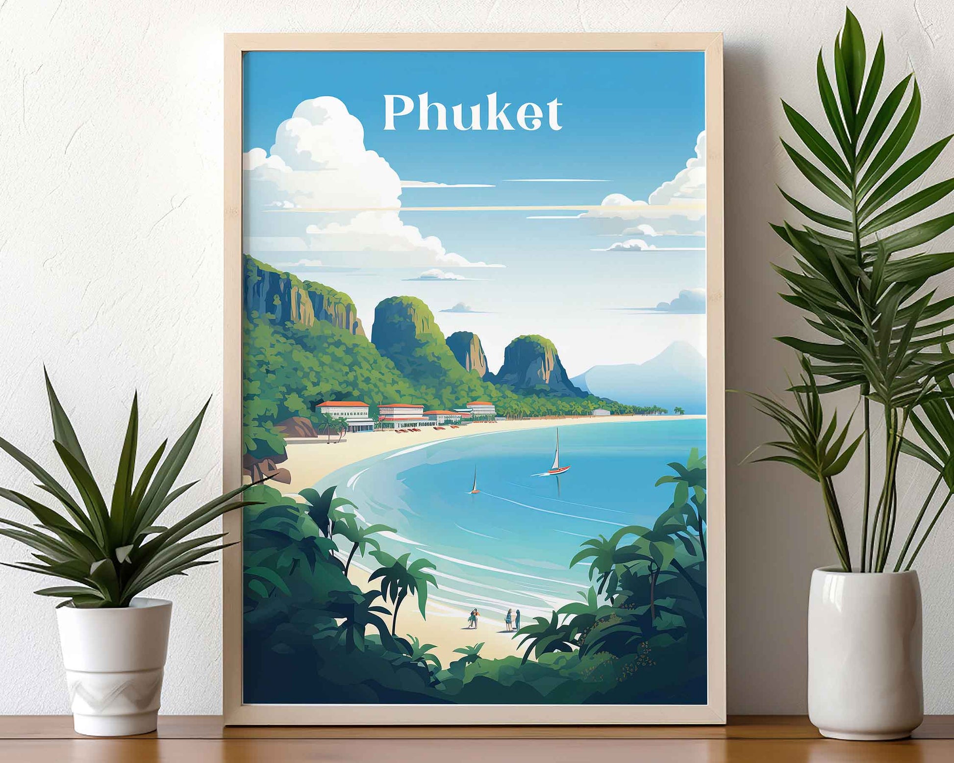 Framed Image of Phuket Thailand Travel Poster Wall Art Prints Illustration