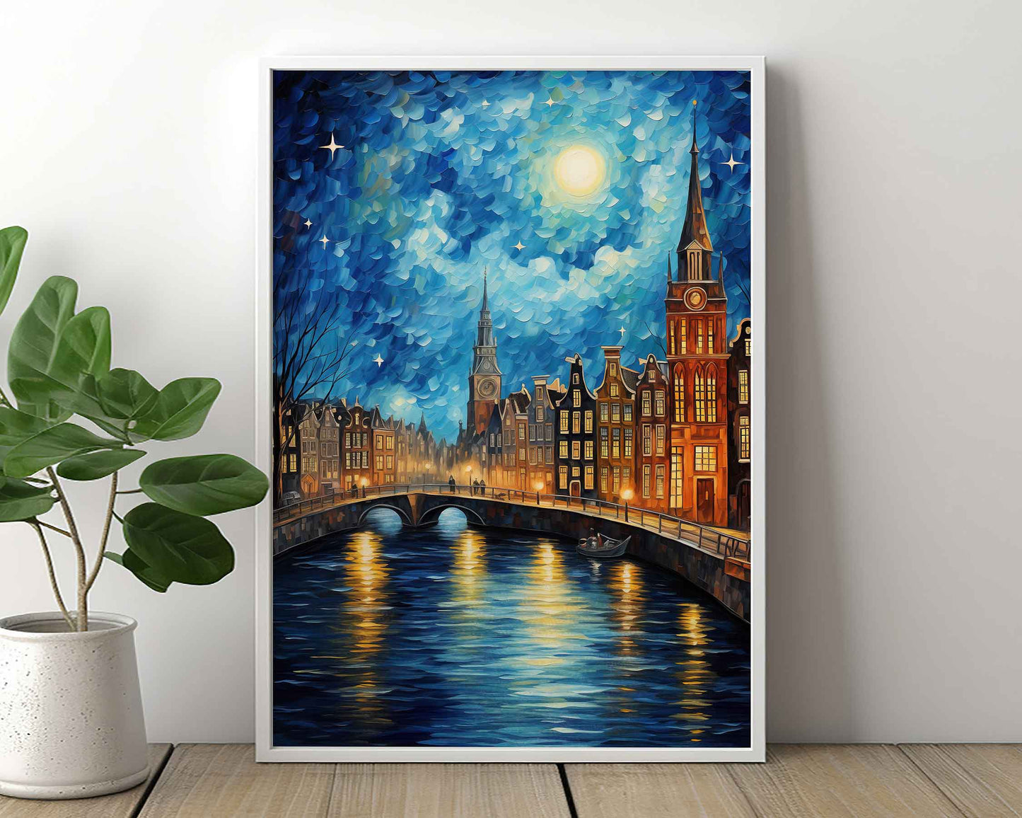 Framed Image of Van Gogh Style Starry Night in Amsterdam Wall Art Print Poster