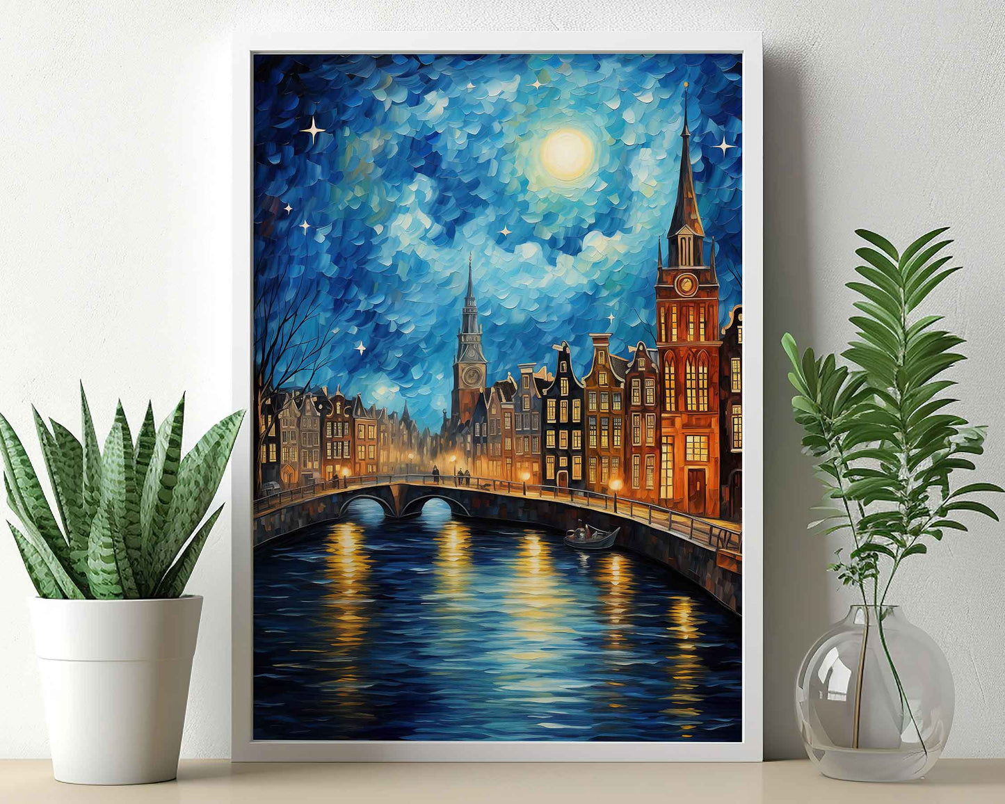 Framed Image of Van Gogh Style Starry Night in Amsterdam Wall Art Print Poster