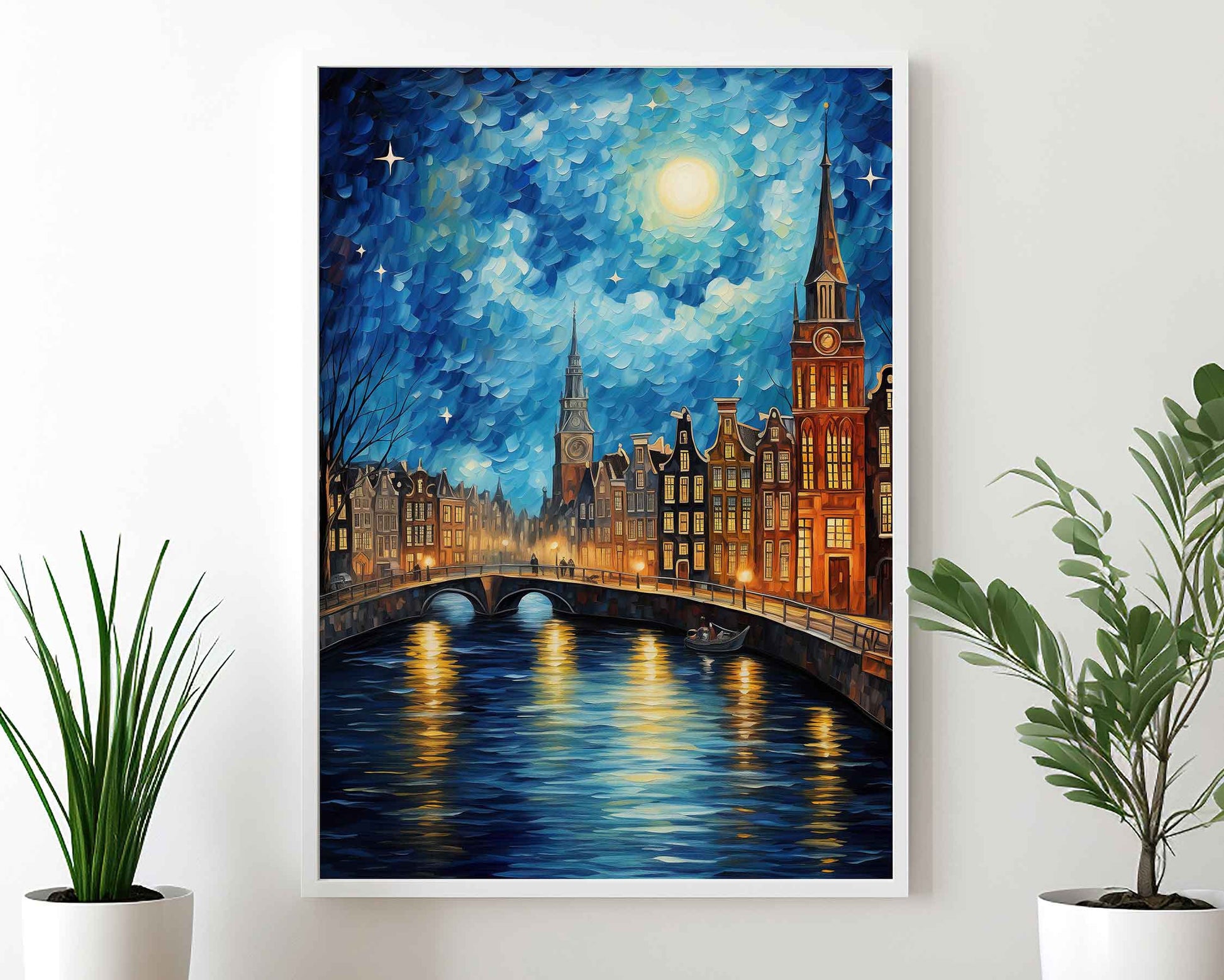 Framed Image of Van Gogh Style Starry Night in Amsterdam Wall Art Print Poster