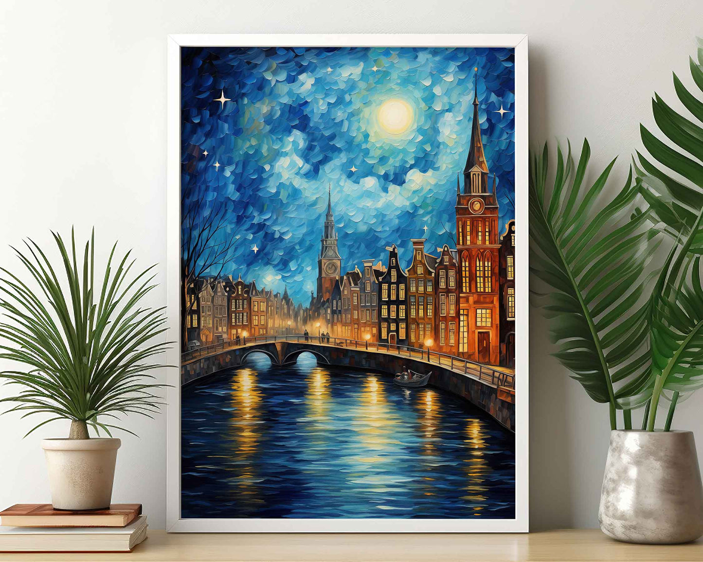 Framed Image of Van Gogh Style Starry Night in Amsterdam Wall Art Print Poster