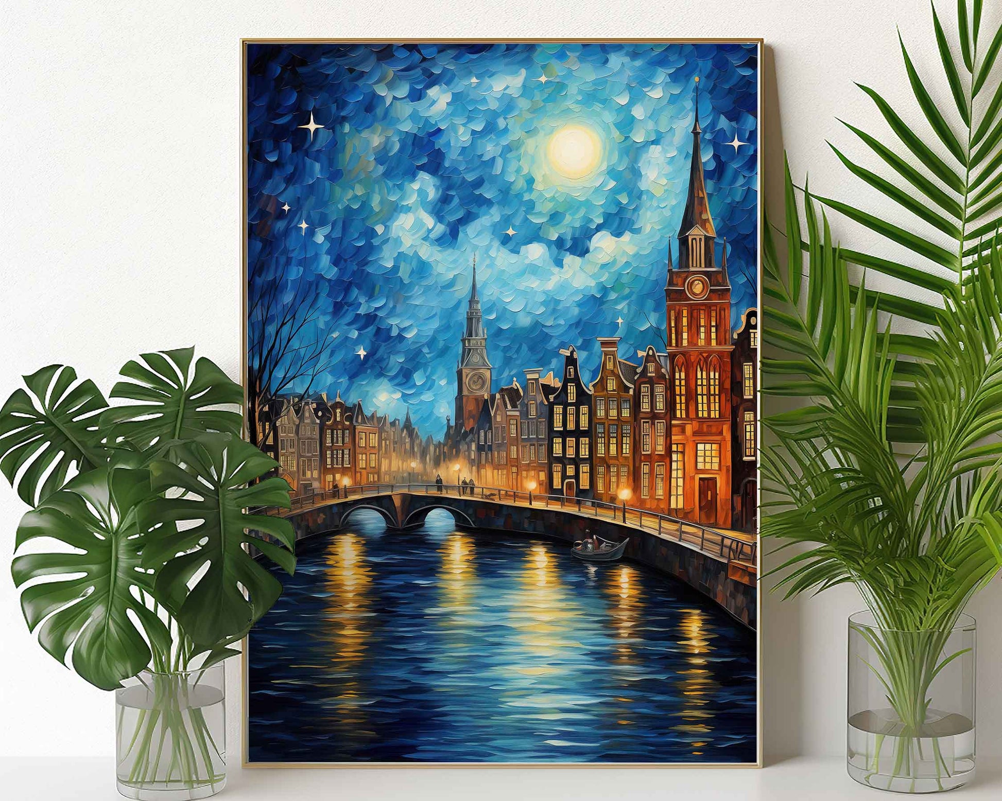 Framed Image of Van Gogh Style Starry Night in Amsterdam Wall Art Print Poster