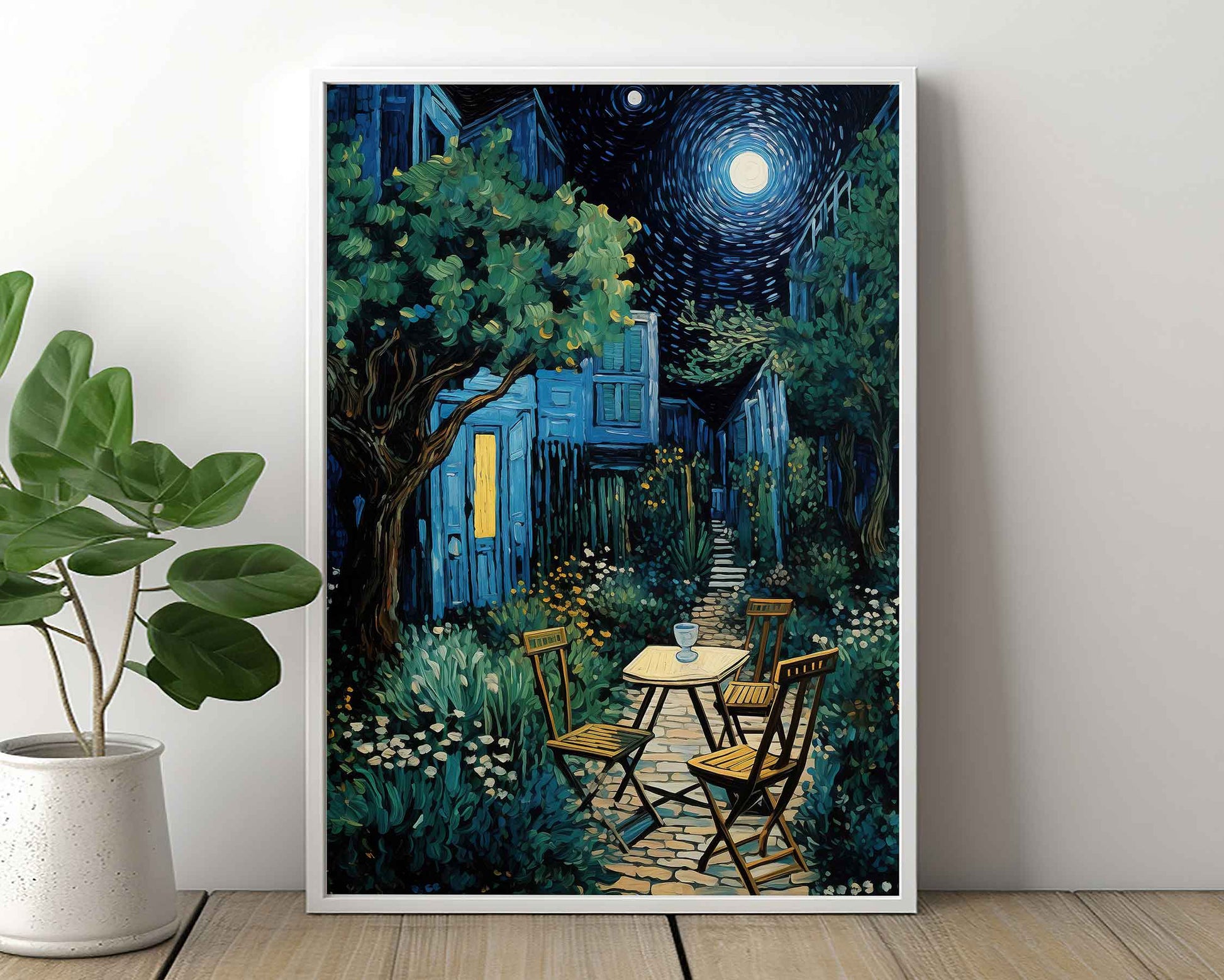Framed Image of Van Gogh Style Starry Night in Garden Wall Art Print Poster