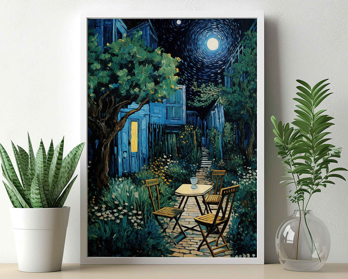 Framed Image of Van Gogh Style Starry Night in Garden Wall Art Print Poster