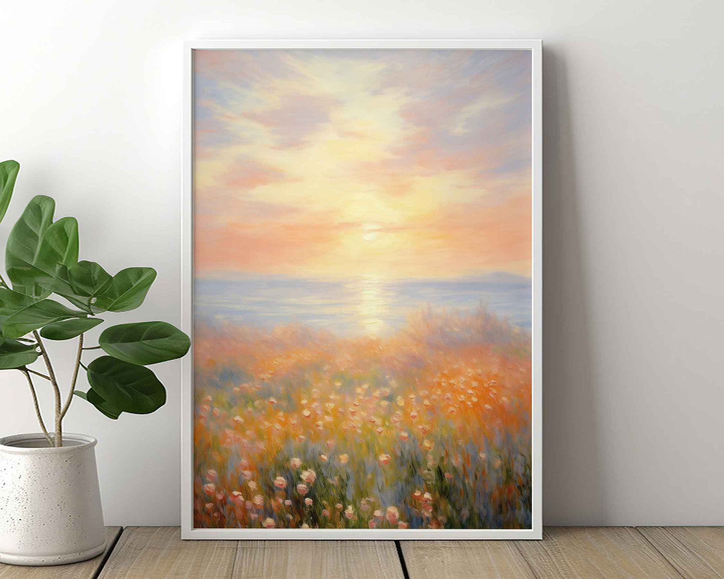 Framed Image of Monet Style Soft Sunrise Over Tulip Field Wall Art Print Poster