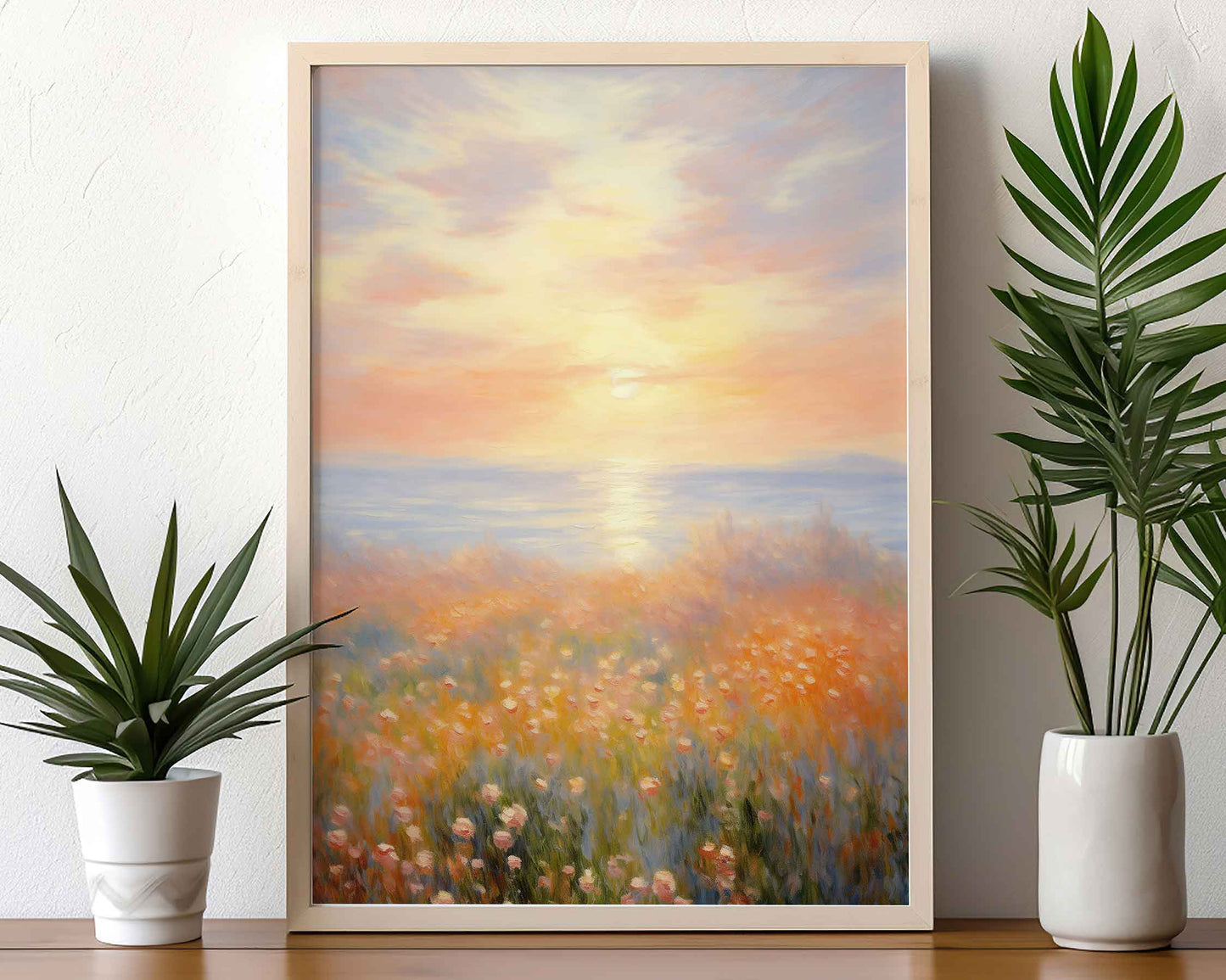 Framed Image of Monet Style Soft Sunrise Over Tulip Field Wall Art Print Poster