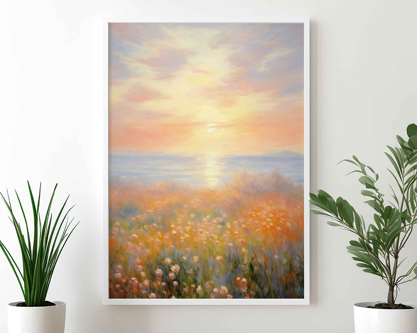 Framed Image of Monet Style Soft Sunrise Over Tulip Field Wall Art Print Poster