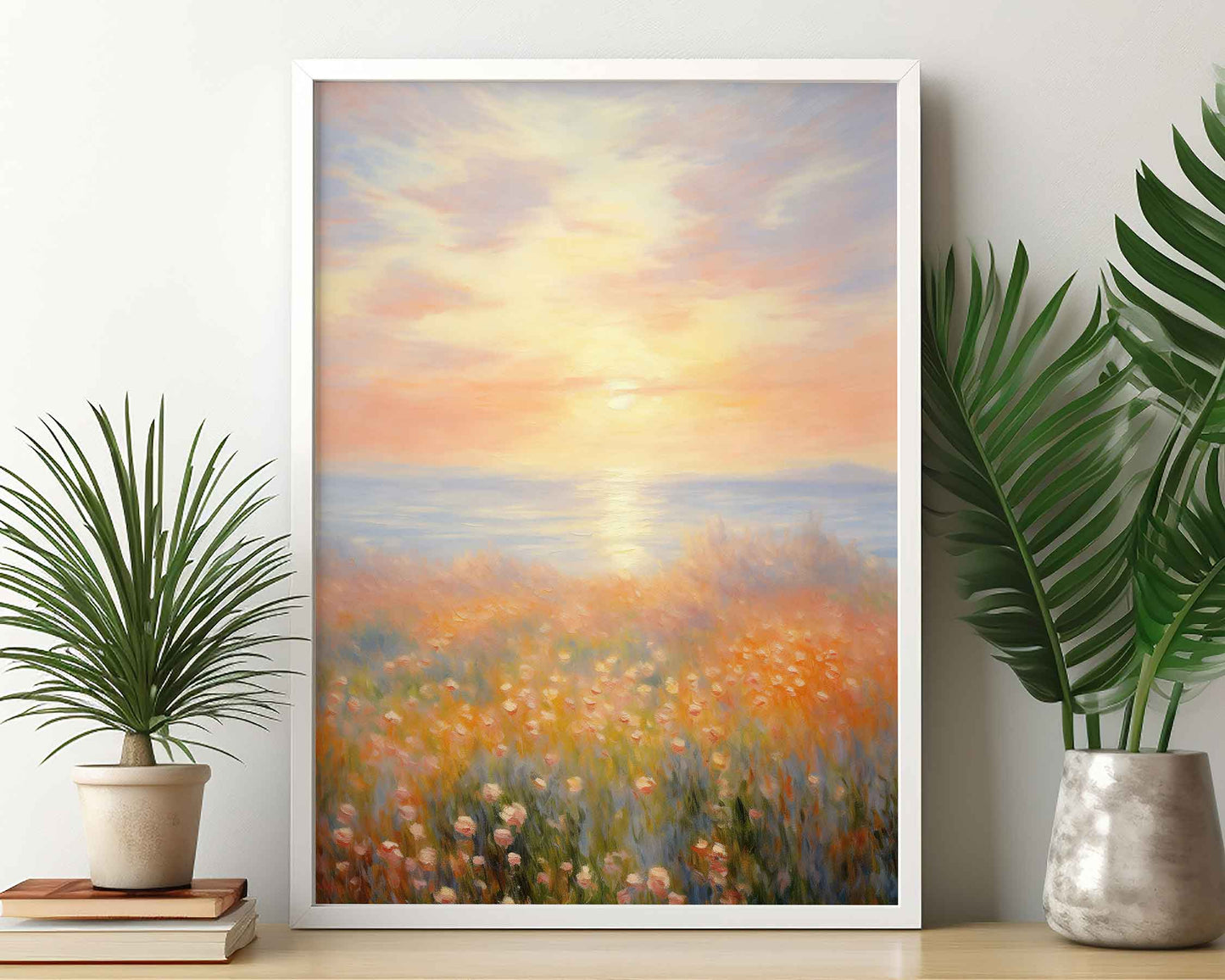 Framed Image of Monet Style Soft Sunrise Over Tulip Field Wall Art Print Poster