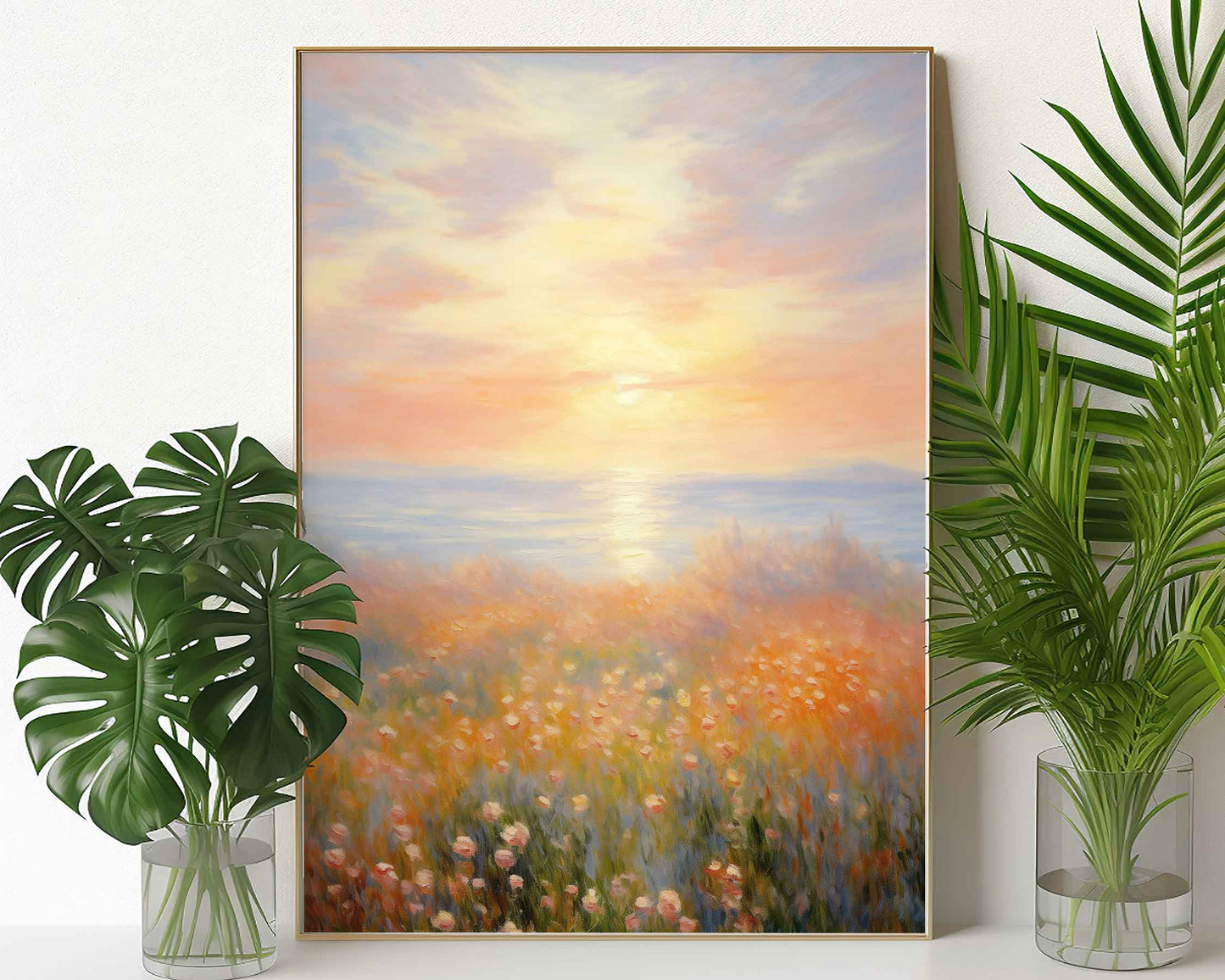 Framed Image of Monet Style Soft Sunrise Over Tulip Field Wall Art Print Poster