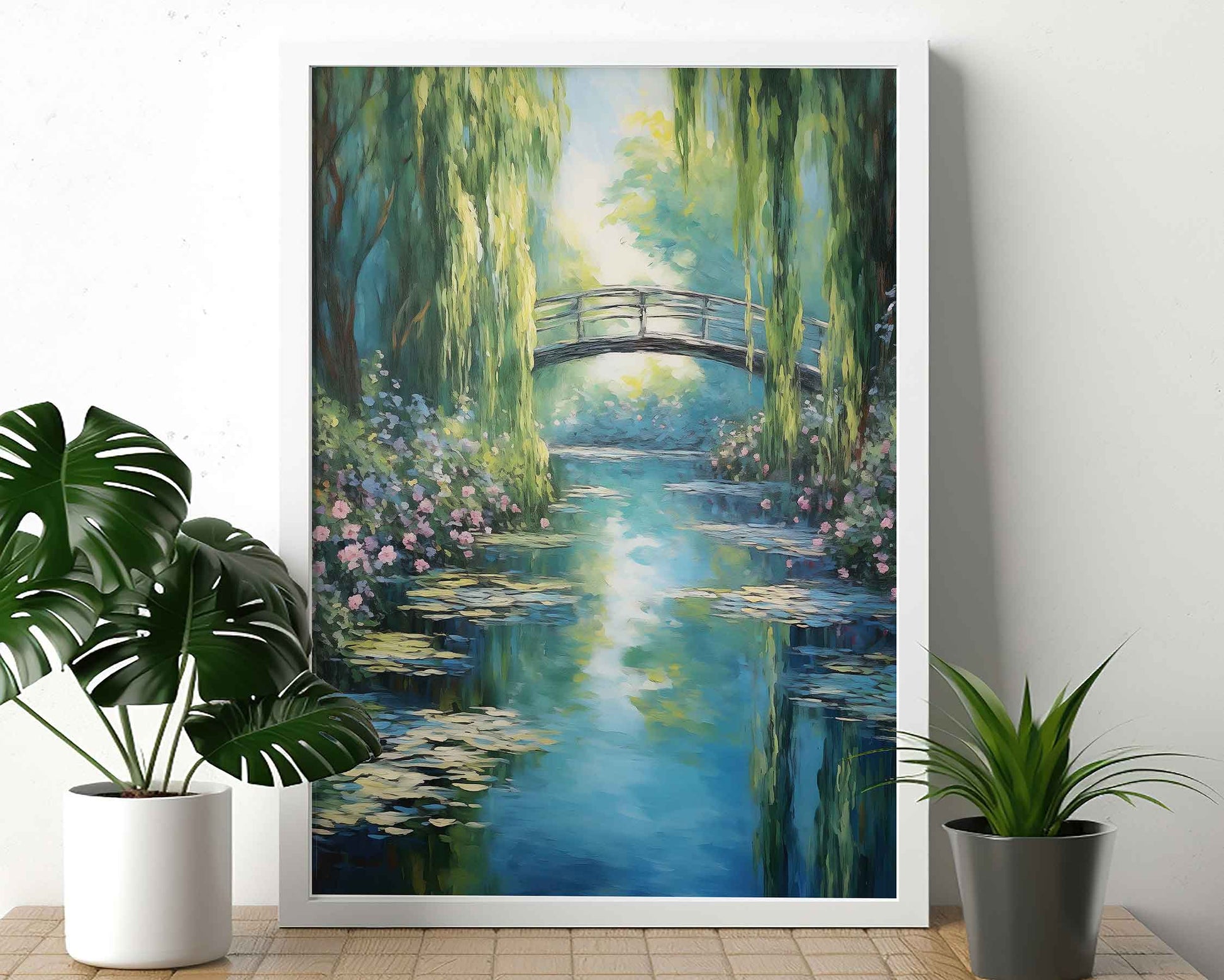 Framed Image of Monet Style Bridge With Pink Flowers Wall Art Print Poster