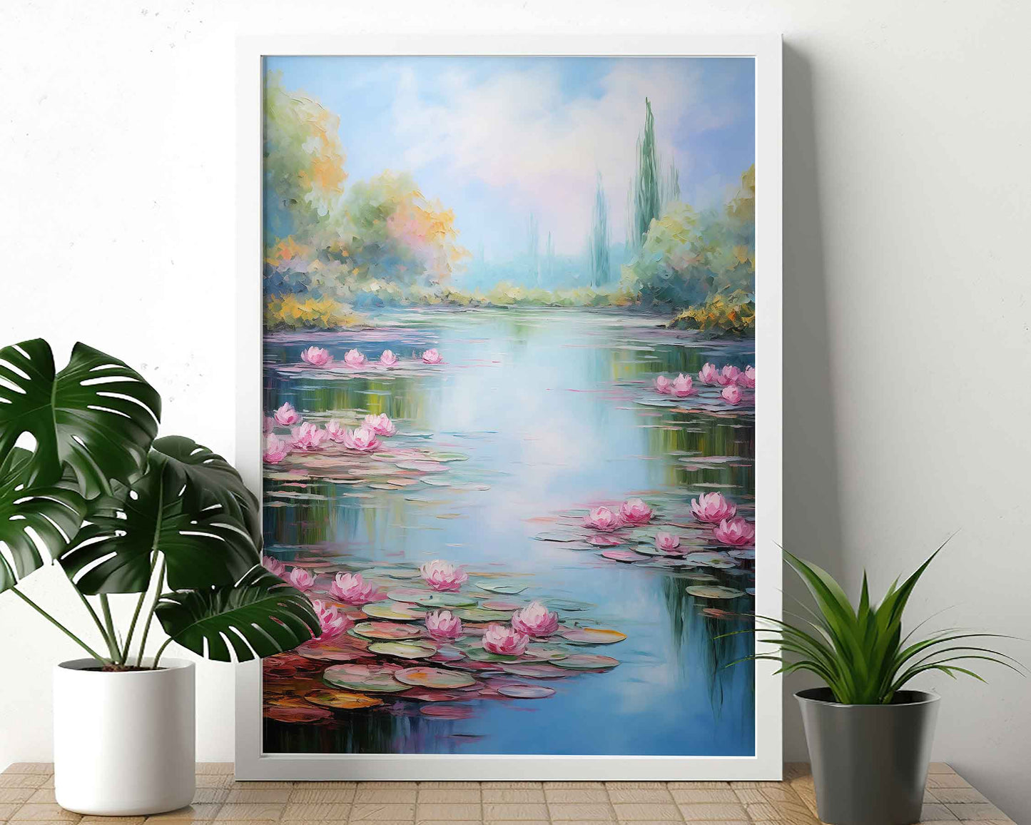 Framed Image of Monet Style Lake With Pink Lilies Wall Art Print Poster