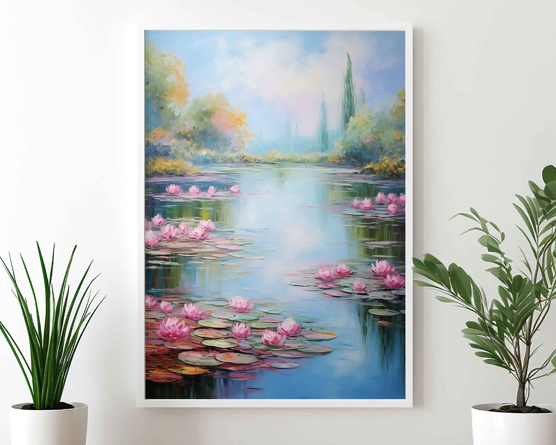 Framed Image of Monet Style Lake With Pink Lilies Wall Art Print Poster