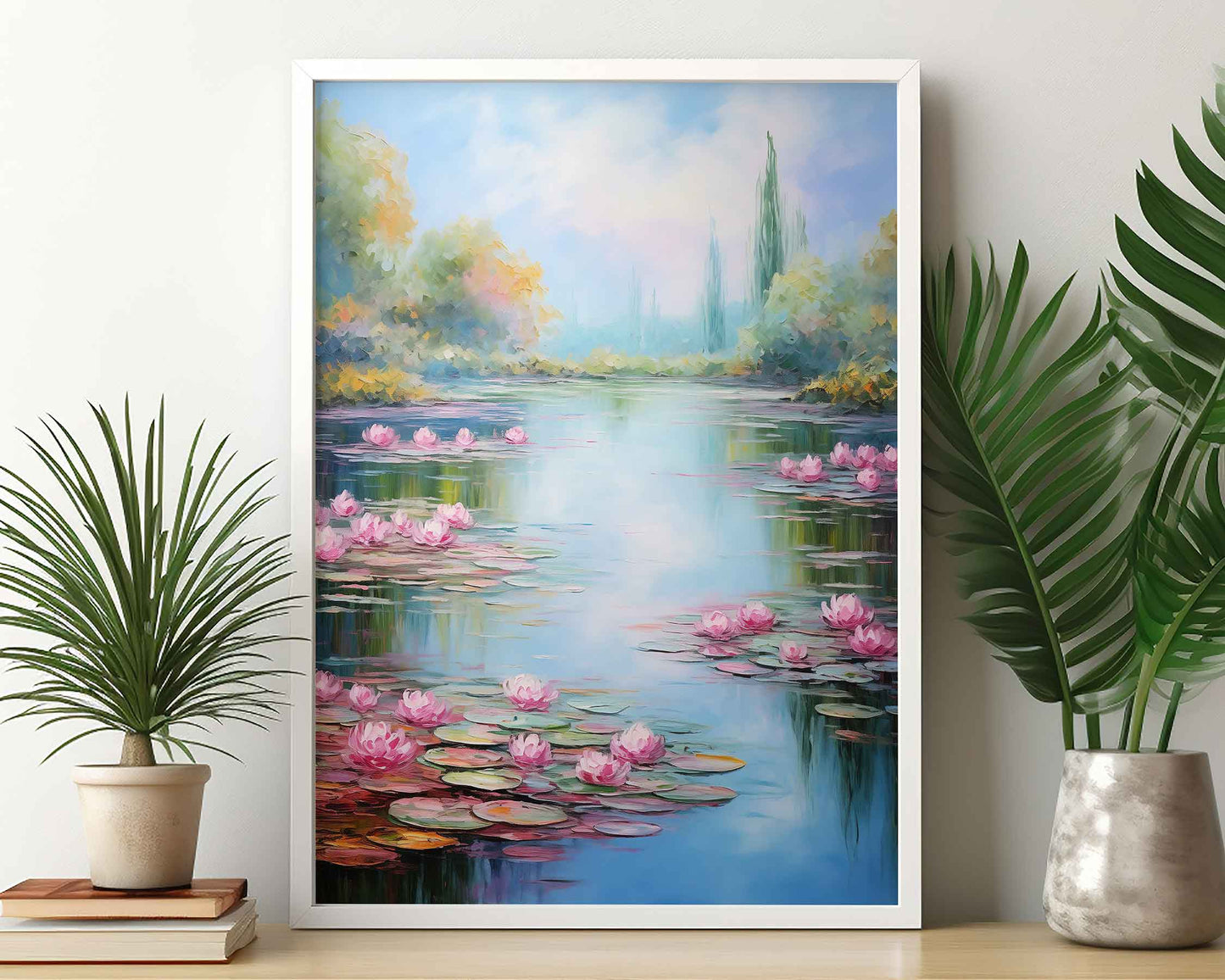 Framed Image of Monet Style Lake With Pink Lilies Wall Art Print Poster