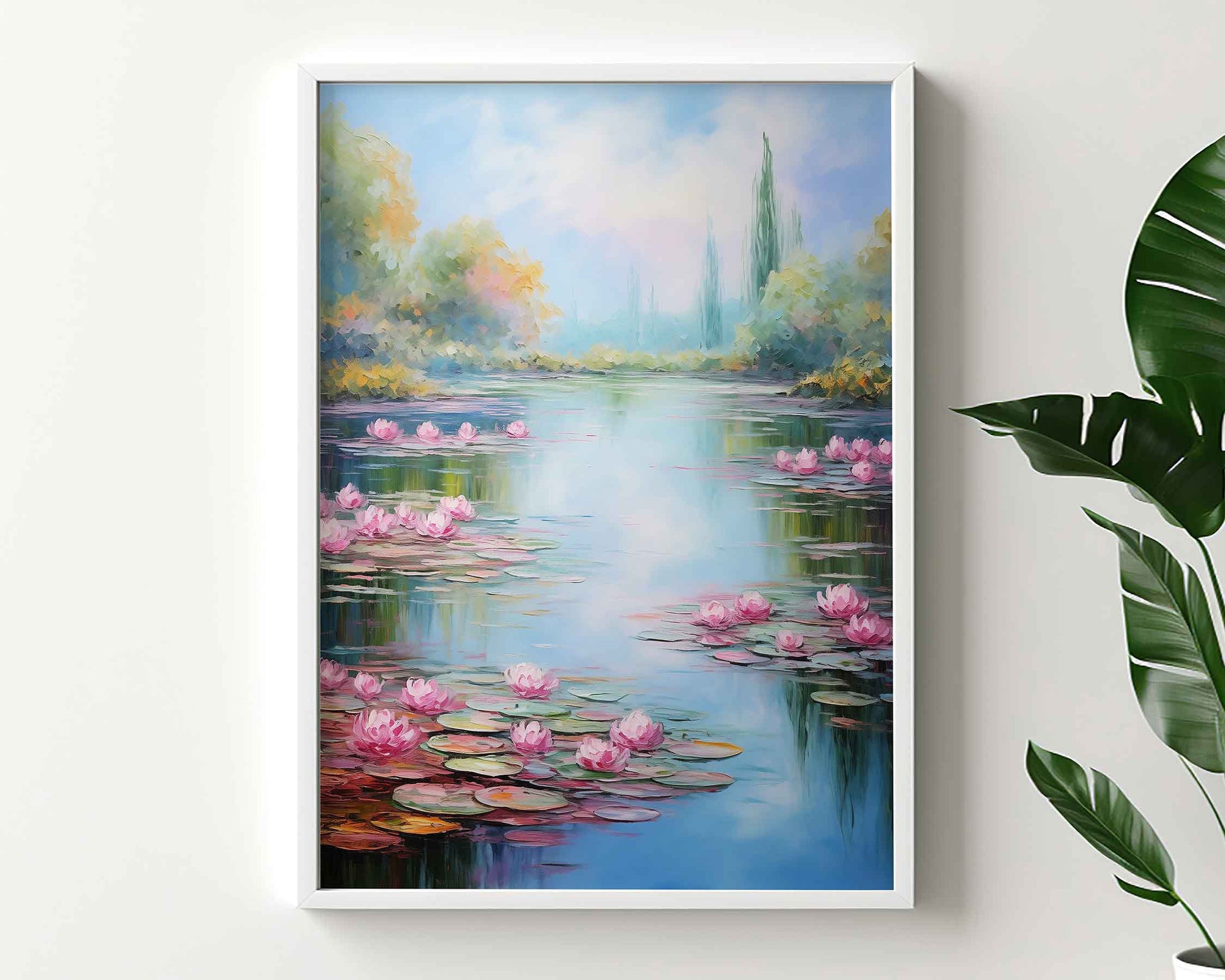 Framed Image of Monet Style Lake With Pink Lilies Wall Art Print Poster