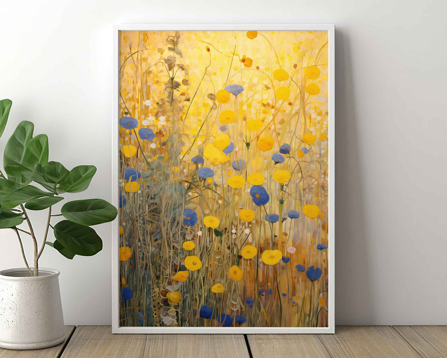 Framed Image of Gustav Klimt Style Yellow and Blue Flowers Wall Art Print Poster