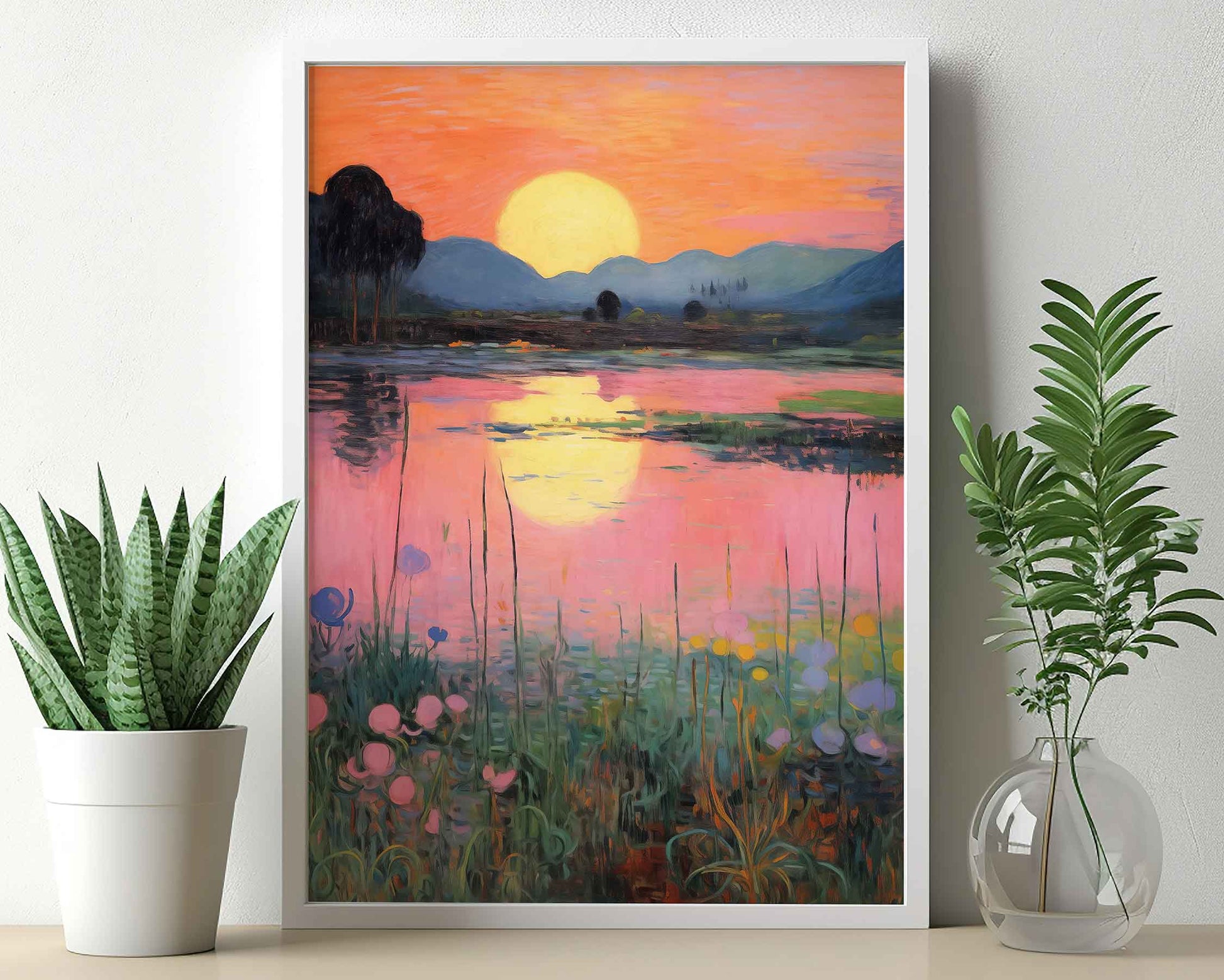 Framed Image of Gauguin Style Pink Lake at Sunset Wall Art Print Poster
