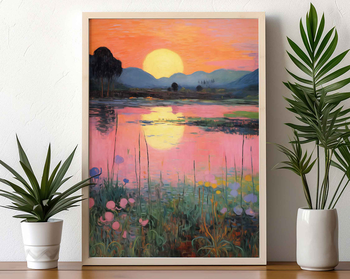 Framed Image of Gauguin Style Pink Lake at Sunset Wall Art Print Poster